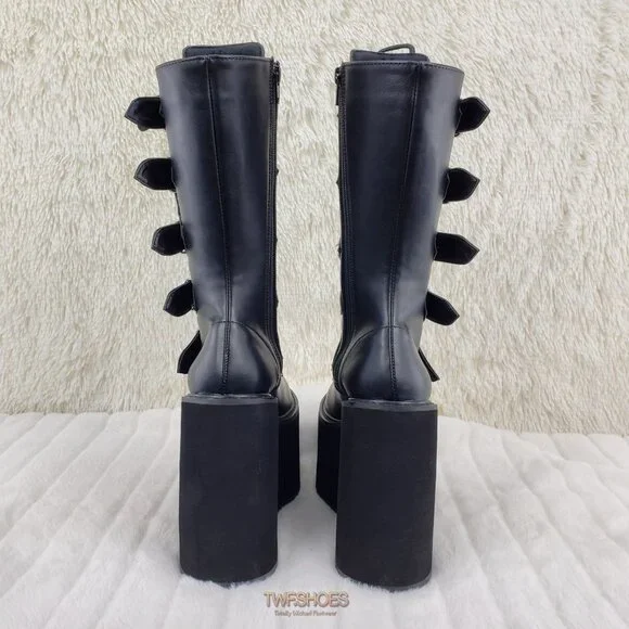 Swing 220 Multi Buckle Black Matte Leatherette Goth Mid-Calf Boot 5.5" Platforms - Picture 13 of 13